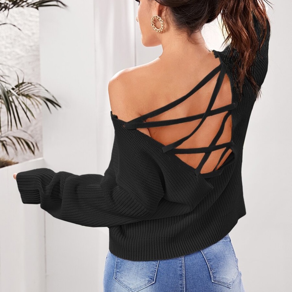 fall lace up back v neck knit sweater Off white - Picture 3 of 11